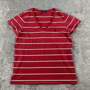Ralph Lauren Sweater Womens Large Red White Striped Knit Long Sleeve V-Neck